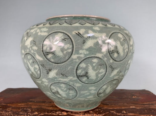 Mid-Century Korean Celadon Vase With Flying Cranes