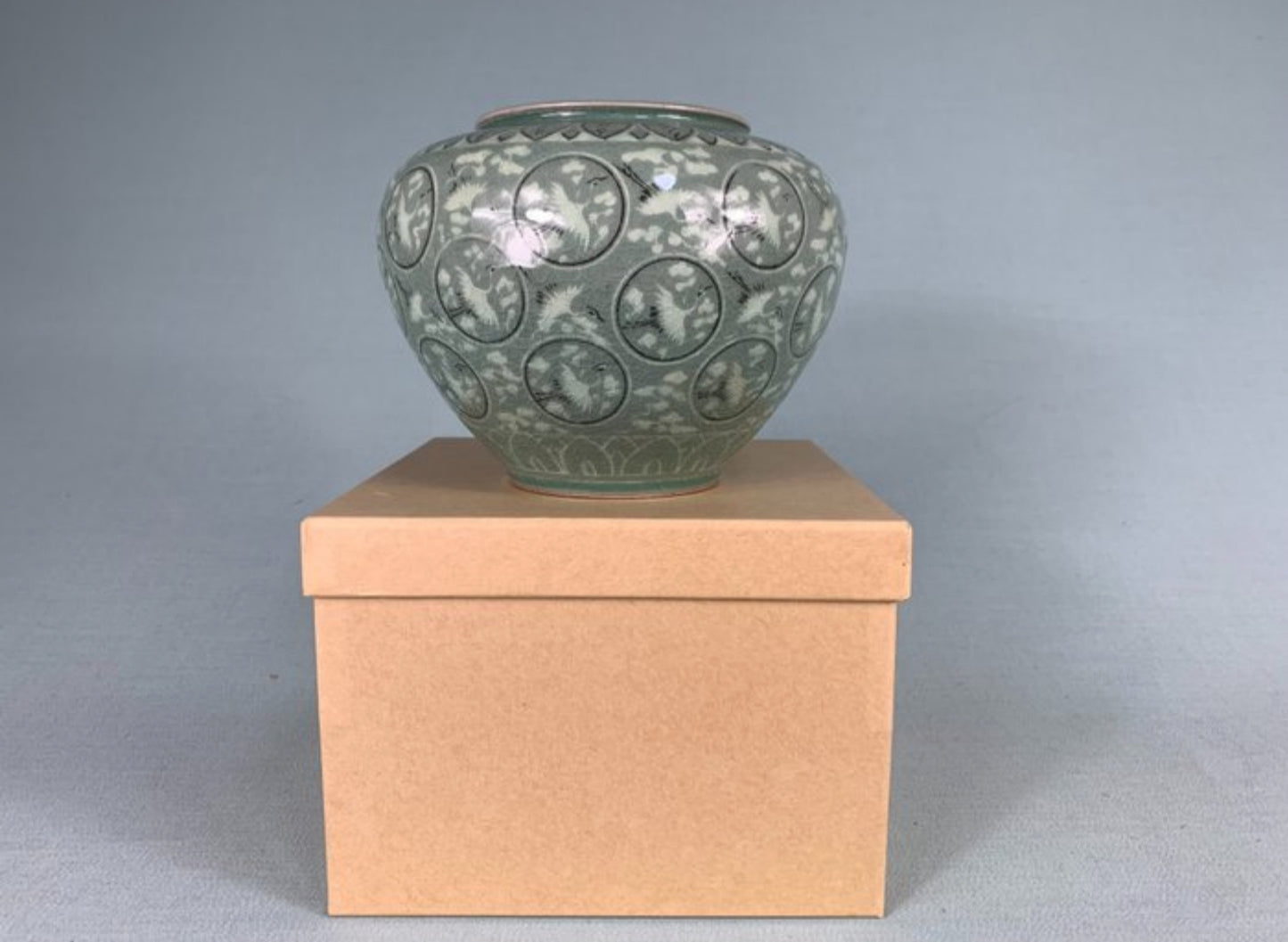 Mid-Century Korean Celadon Vase With Flying Cranes
