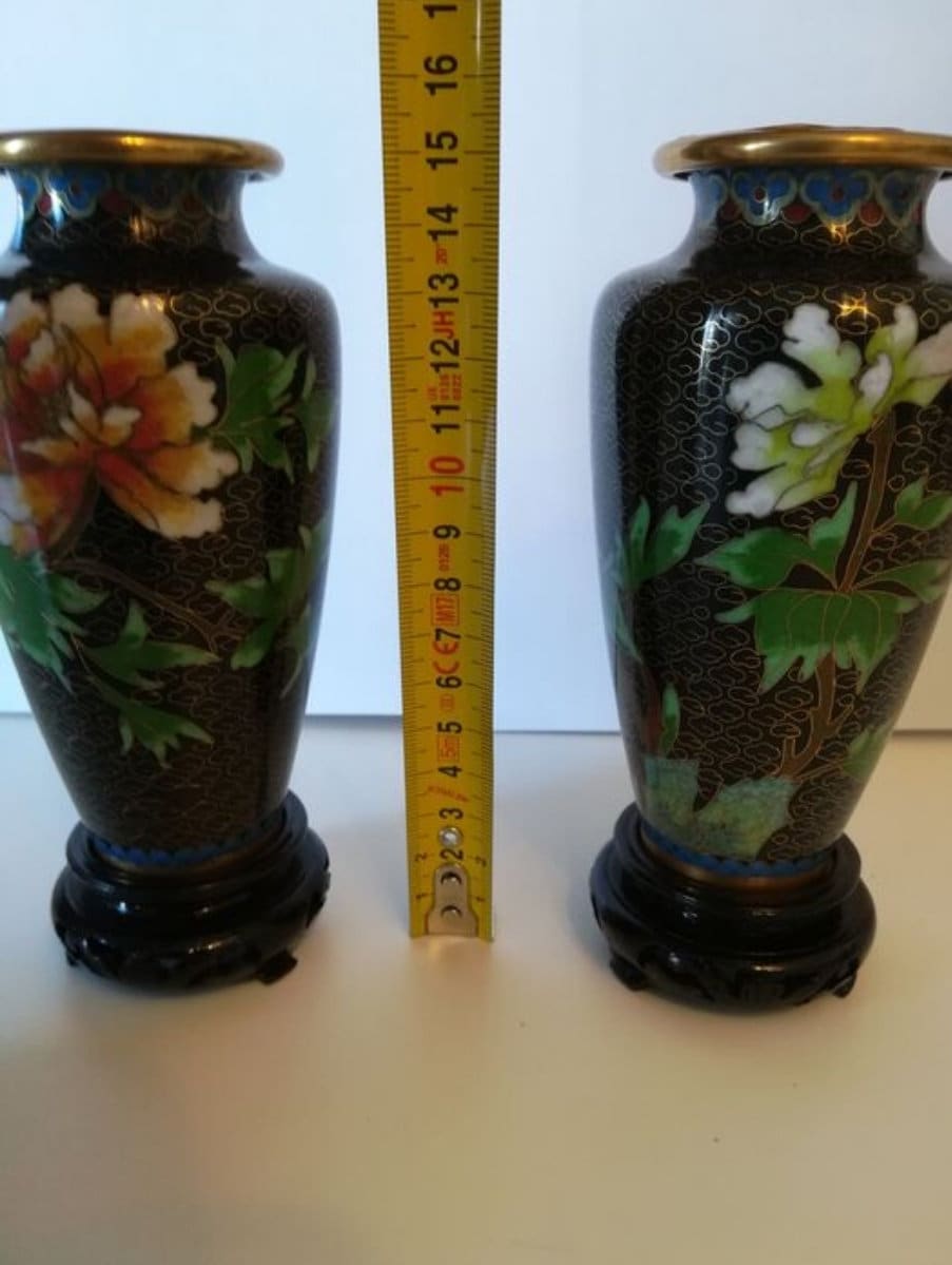 2nd Half of 20th Century Hand Painted 2 Brass CLOISSANE EnamelChinese Vases with 2 Hand Carved Wood Stands