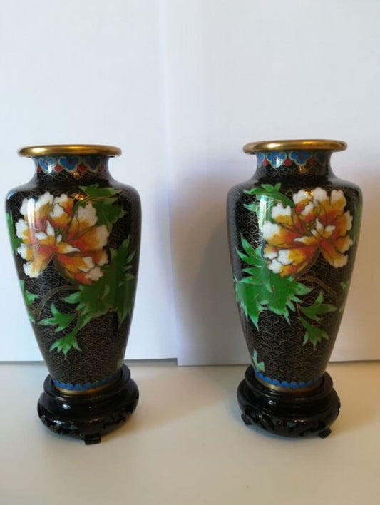 2nd Half of 20th Century Hand Painted 2 Brass CLOISSANE EnamelChinese Vases with 2 Hand Carved Wood Stands