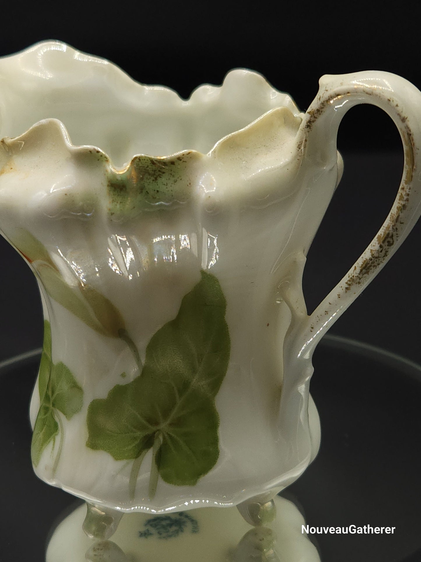 Antique Porcelain RS Germany Creamer Footed w Lily Pattern Green