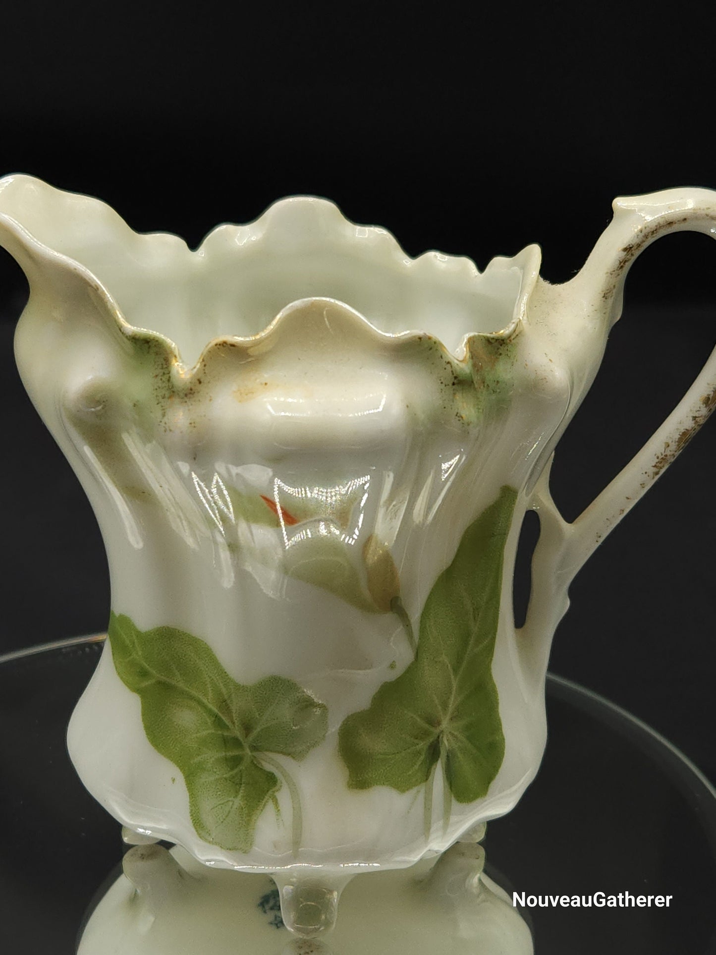 Antique Porcelain RS Germany Creamer Footed w Lily Pattern Green
