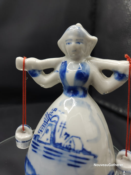 Porcelain Vintage Delft Dutch Maiden Bell w Blue Line Voledam Hat