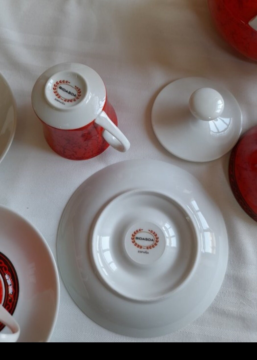 Vintage 70s Mint Condition Bidasoa Spanish Porcelain 12 SET Coffee Service Complete