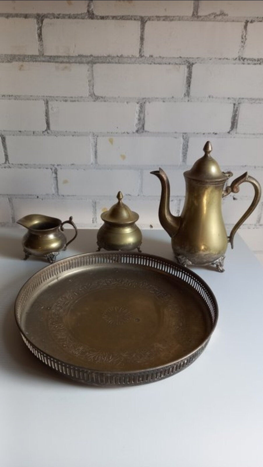 Antique Brass Coffee Service Set w Tray Netherlands