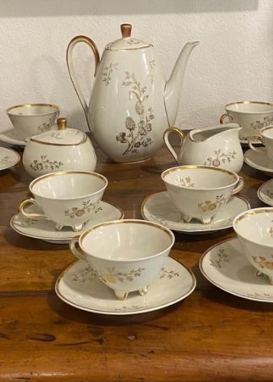 Rare Triangle 50's Vintage Bavarian Winterling Porcelain Coffee Tea Service for 11 w Gold Floral Friezes from Germany