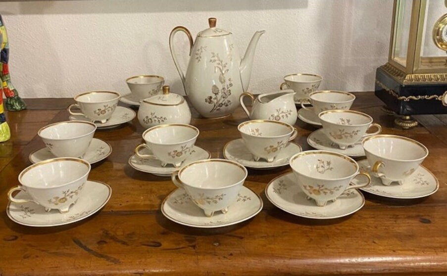 Rare Triangle 50's Vintage Bavarian Winterling Porcelain Coffee Tea Service for 11 w Gold Floral Friezes from Germany