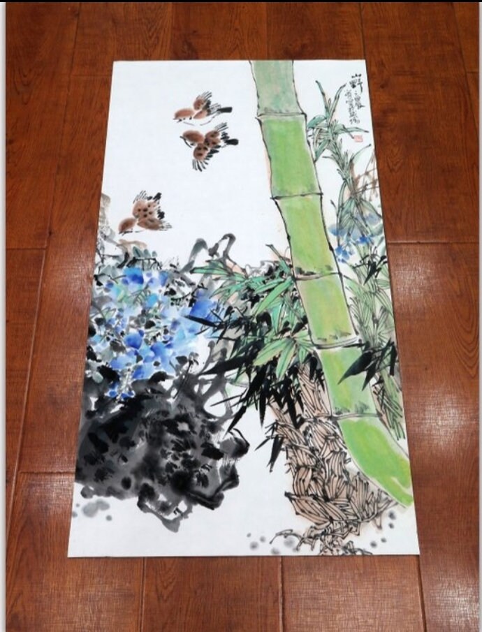Ink painting • Rice paper - 'Morning Melody in the Bamboo Grove' - Yang Xiaochun • China - 1960 • Ships Insured • 97cm×1×51 cm